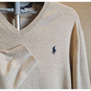 Polo Ralph Lauren Sweater Men's XL V-Neck Beige 100% Pima Cotton Pony Preppy